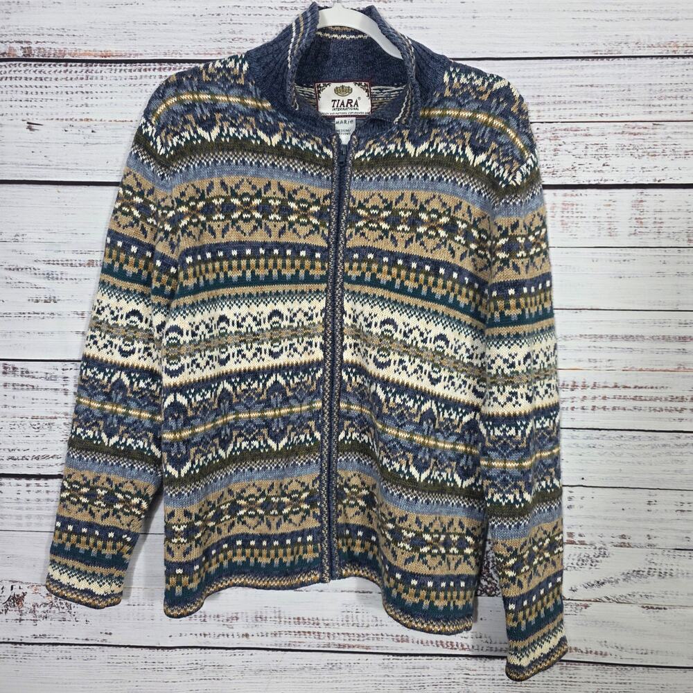 Tiara International Fair Isle Zip Up Collar Medium Long Sleeve Sweater Cardigan